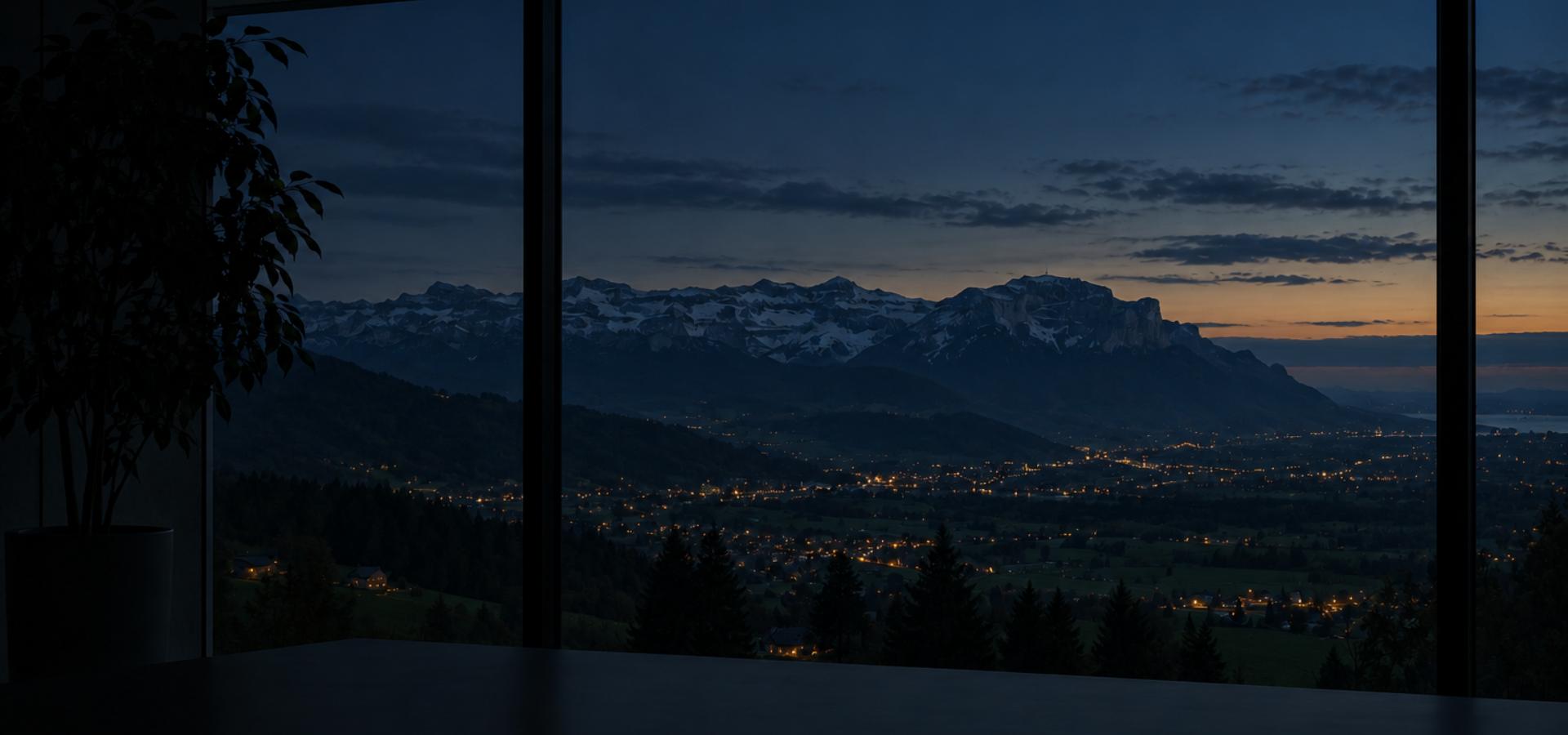 Blick über das Rheintal auf die Bergkette bei Dämmerung